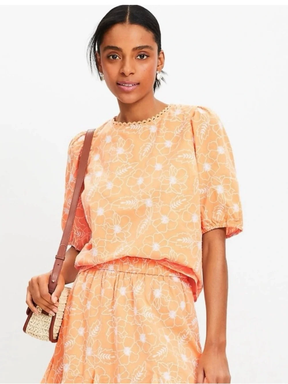 LOFT Women’s Peach Floral Puff-Sleeve Top